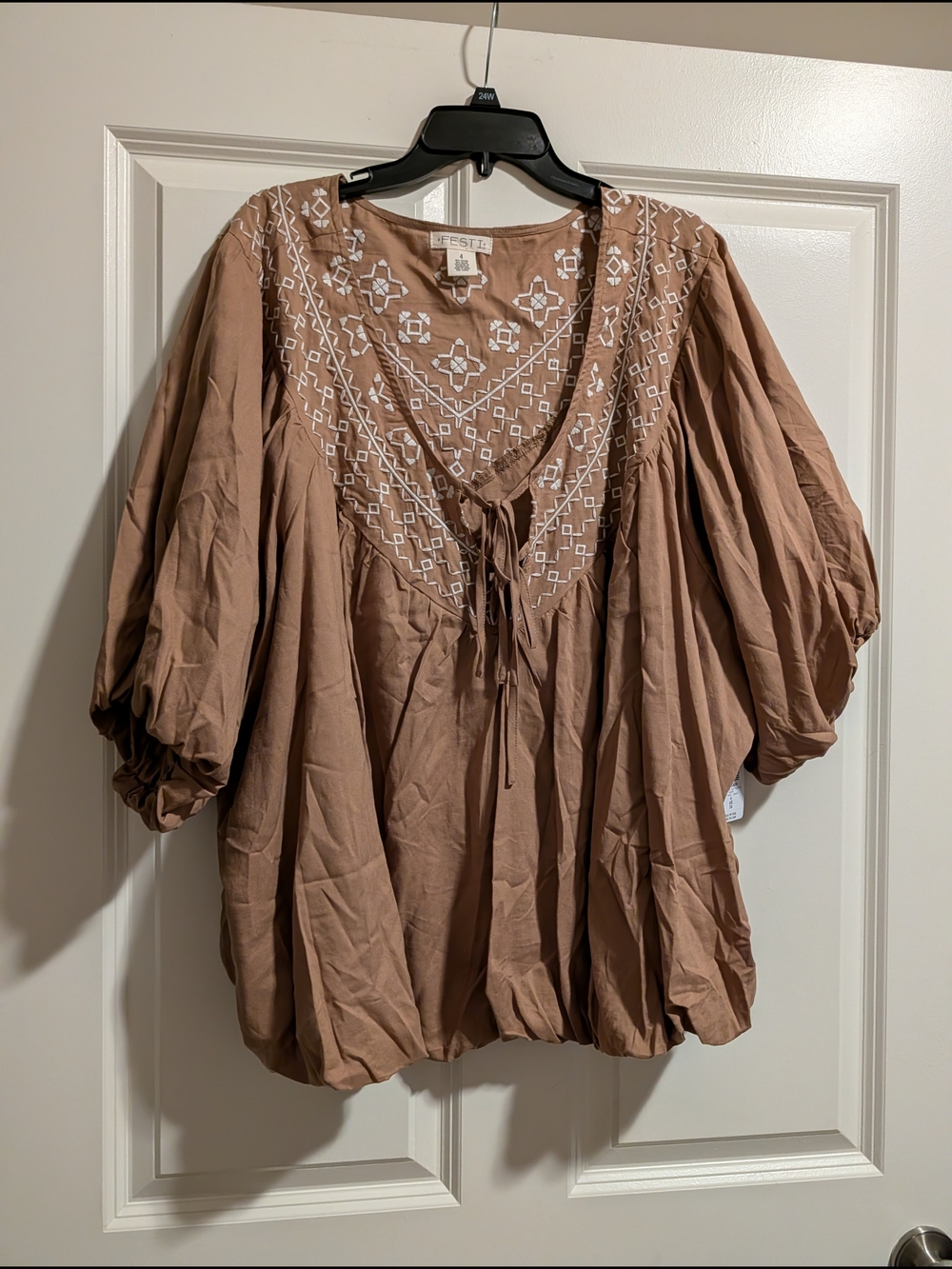 Deletta Embroidered Tie-Front Boho Tunic in Light Brown